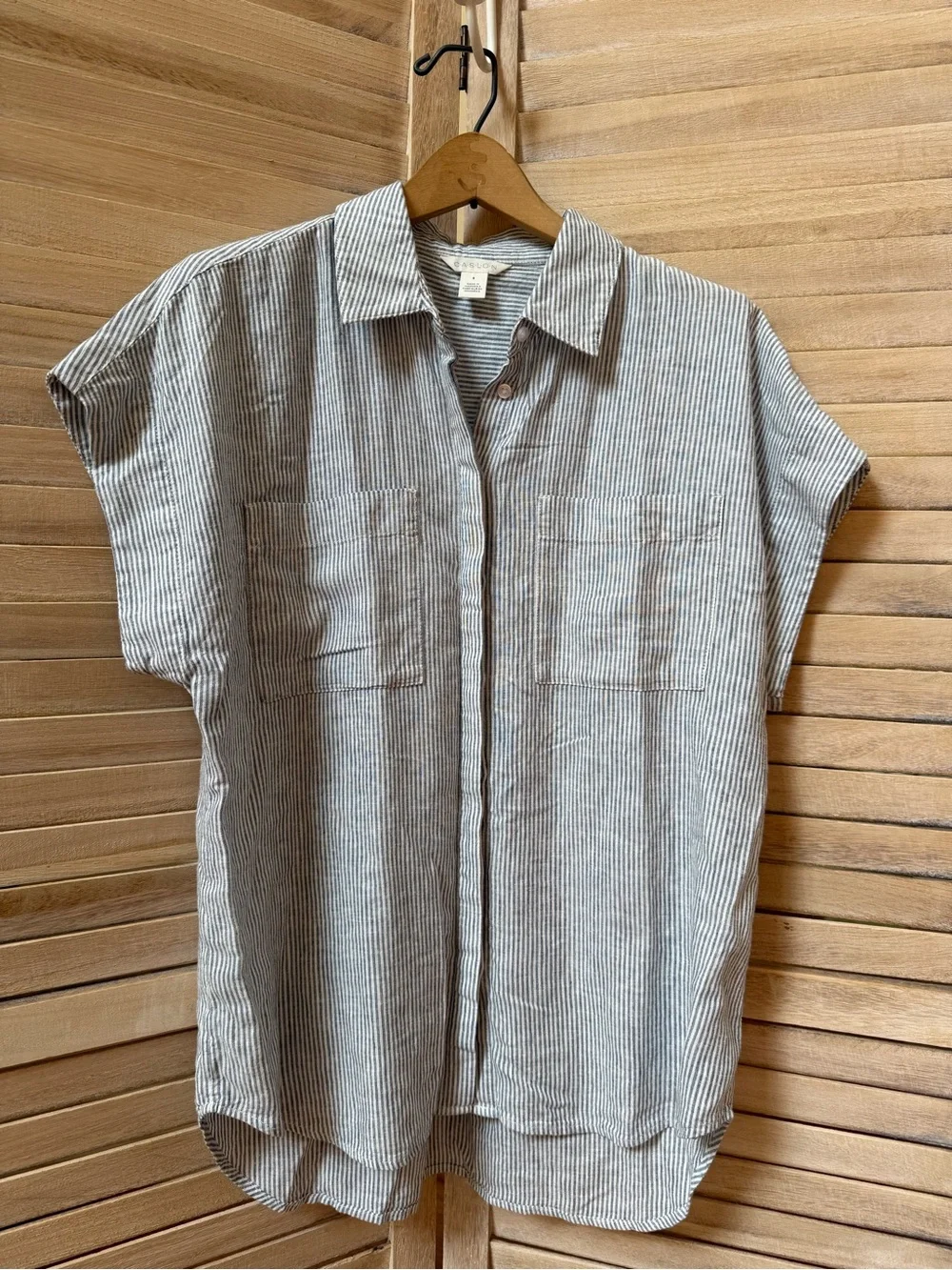 Caslon Blue & White Striped Short Sleeve Linen blend Button-Up Shirt - Picture 3 of 7